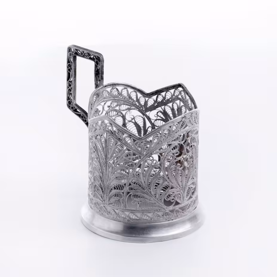 Подстаканник ажурный, мельхиор, скань, Казаковский завод художественных изделий, СССР, 1950-1962 гг., Казаковский завод художественных изделий (КХИ)