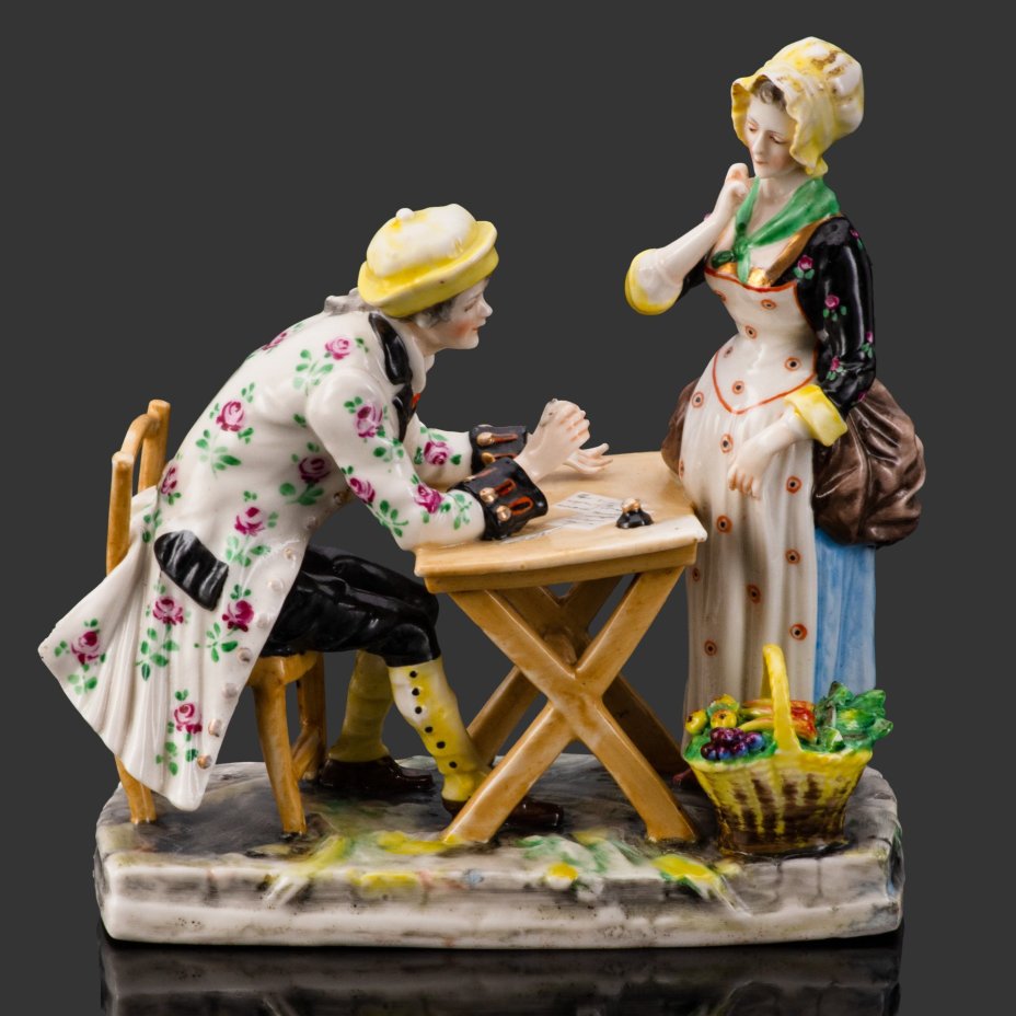 Статуэтка «Сбор долгов», фарфор, роспись, Ernst Bohne Söhne, Германия, 1950-1980 гг., Ernst Bohne Söhne