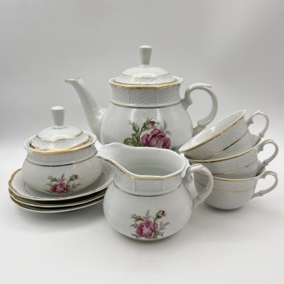 Сервиз на 3 персоны (9 предметов), украшенный изображением розы, фарфор, деколь, золочение, Thun (Тун), Чехословакия, 1970-1992 гг.