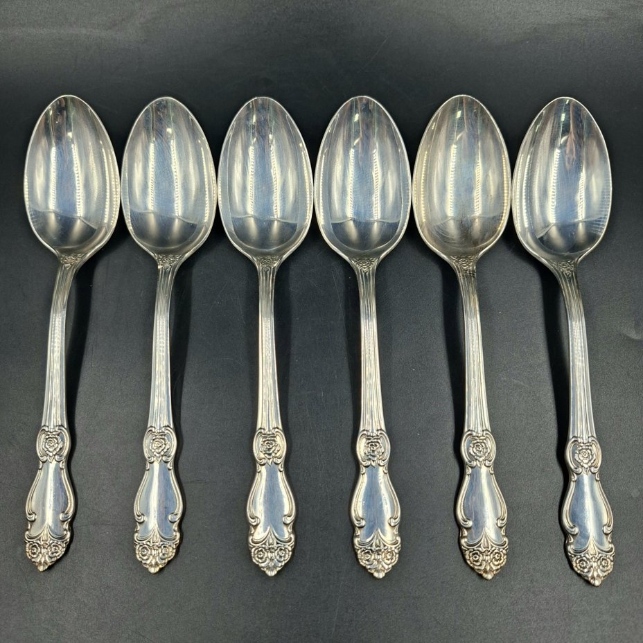 Набор из шести обеденных ложек "Серебряная роза", мНЦ (медь-никель-цинк), Кольчугинский завод цветных металлов, СССР, 1970-1990 гг.