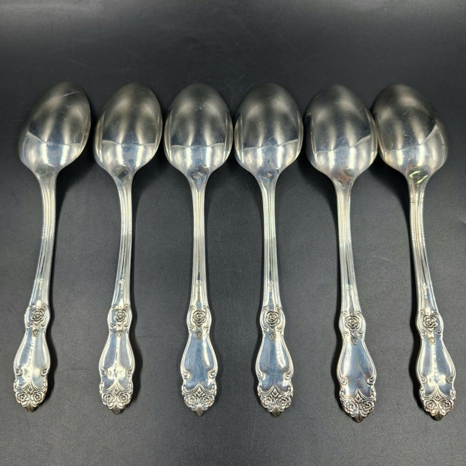 Набор из шести обеденных ложек "Серебряная роза", мНЦ (медь-никель-цинк), Кольчугинский завод цветных металлов, СССР, 1970-1990 гг.