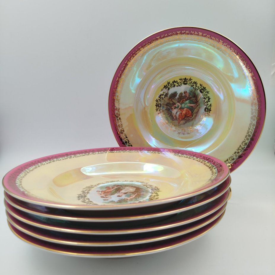 Набор суповых тарелок из сервиза "Мадонна" на 6 персон, фарфор, деколь, люстр, золочение, Fortuna Eisenberg, Германия, 1960-1973 гг.
