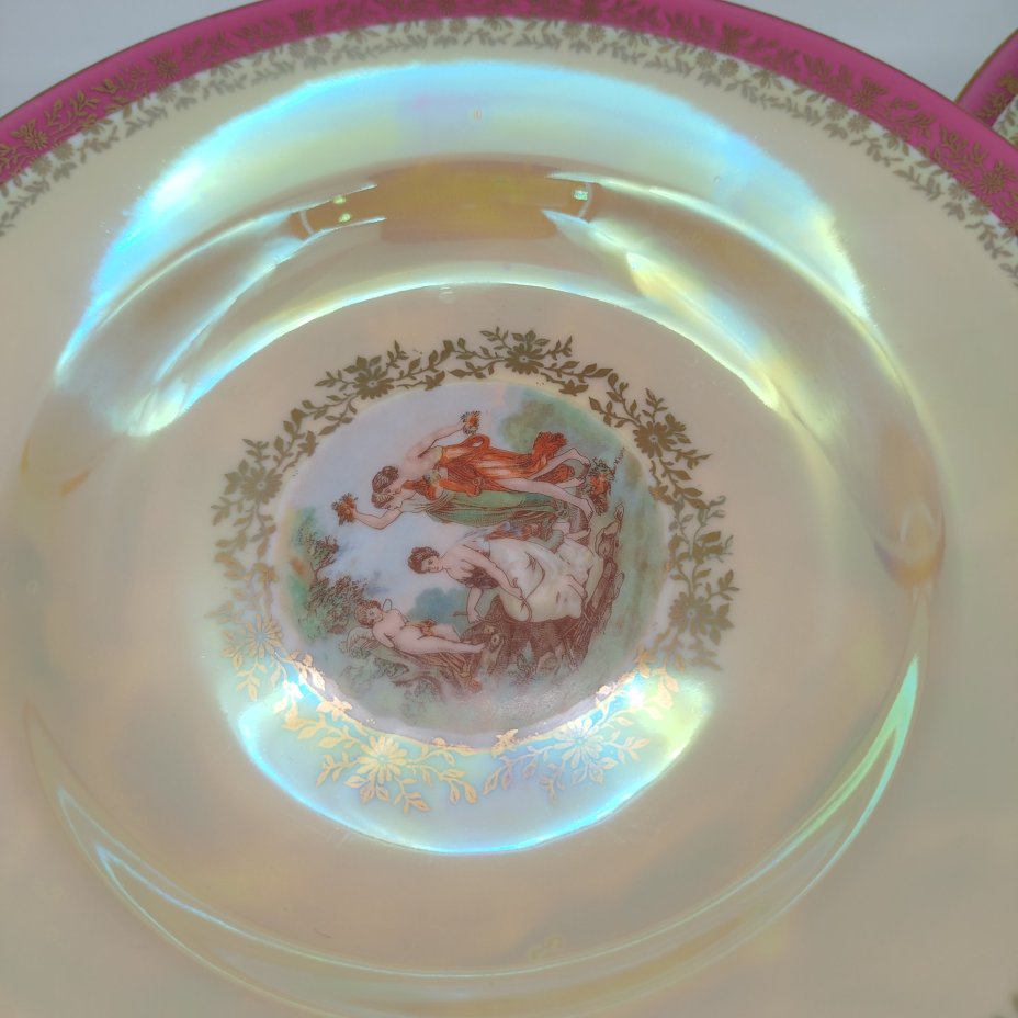 Набор суповых тарелок из сервиза "Мадонна" на 6 персон, фарфор, деколь, люстр, золочение, Fortuna Eisenberg, Германия, 1960-1973 гг.