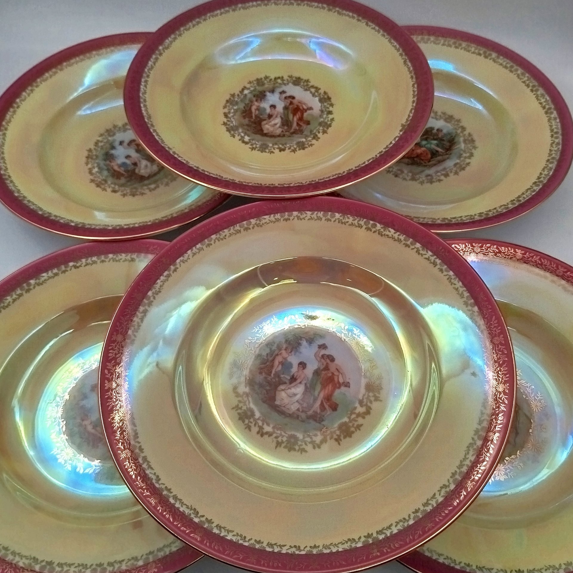 Набор суповых тарелок из сервиза "Мадонна" на 6 персон, фарфор, деколь, люстр, золочение, Fortuna Eisenberg, Германия, 1960-1973 гг.