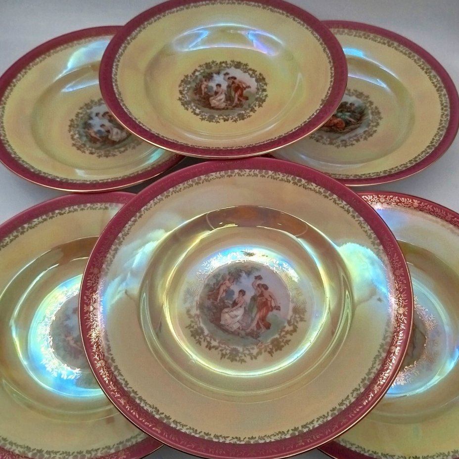Набор суповых тарелок из сервиза "Мадонна" на 6 персон, фарфор, деколь, люстр, золочение, Fortuna Eisenberg, Германия, 1960-1973 гг.