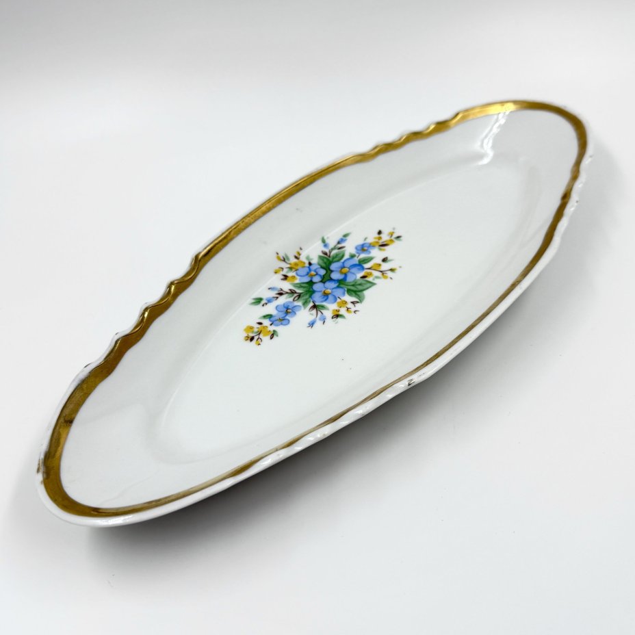 Селёдочница с фигурным краем и цветочным декором, фарфор, деколь, золочение, Дулевский фарфоровый завод (Дулёво), Дулевский фарфоровый завод (Дулёво)