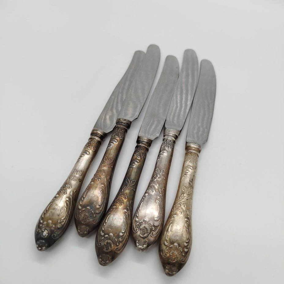 Набор из 5 столовых ножей с растительным декором, мельхиор (медь-никель), нержавеющая сталь, Вольнянский завод столовых приборов им. Шевченко (ЗiШ, ЗиШ), СССР, 1960-1980 гг.