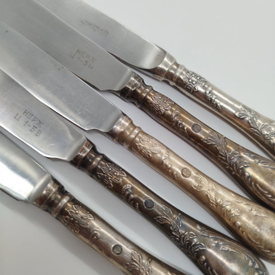 Набор из 5 столовых ножей с растительным декором, мельхиор (медь-никель), нержавеющая сталь, Вольнянский завод столовых приборов им. Шевченко (ЗiШ, ЗиШ), СССР, 1960-1980 гг.