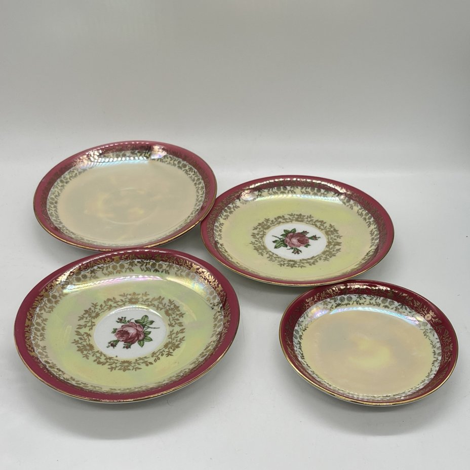 Набор из 4 блюдец с растительным декором (подбор), фарфор, деколь, люстр, золочение, Fortuna Eisenberg, ГДР, 1960-1973 гг.