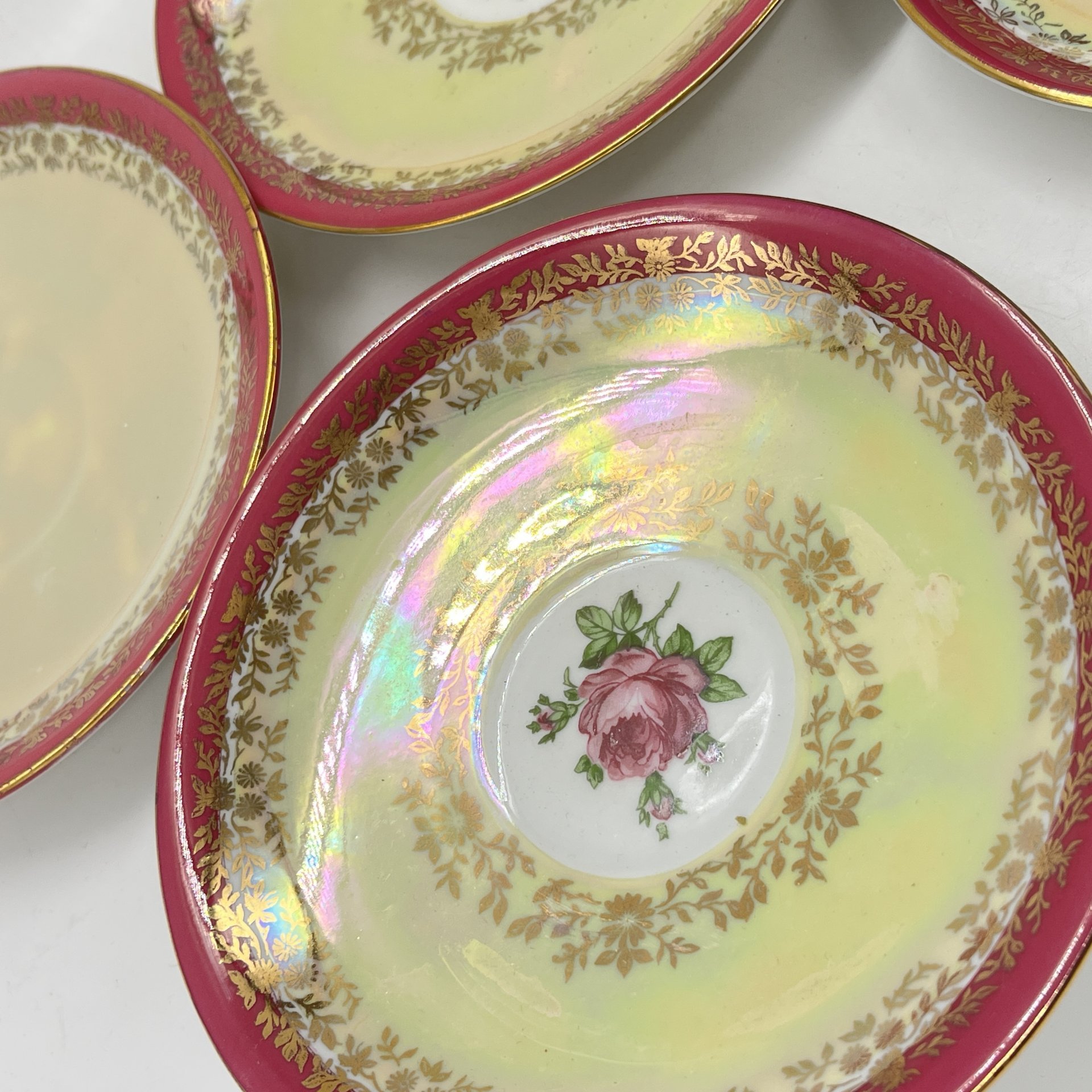 Набор из 4 блюдец с растительным декором (подбор), фарфор, деколь, люстр, золочение, Fortuna Eisenberg, ГДР, 1960-1973 гг.