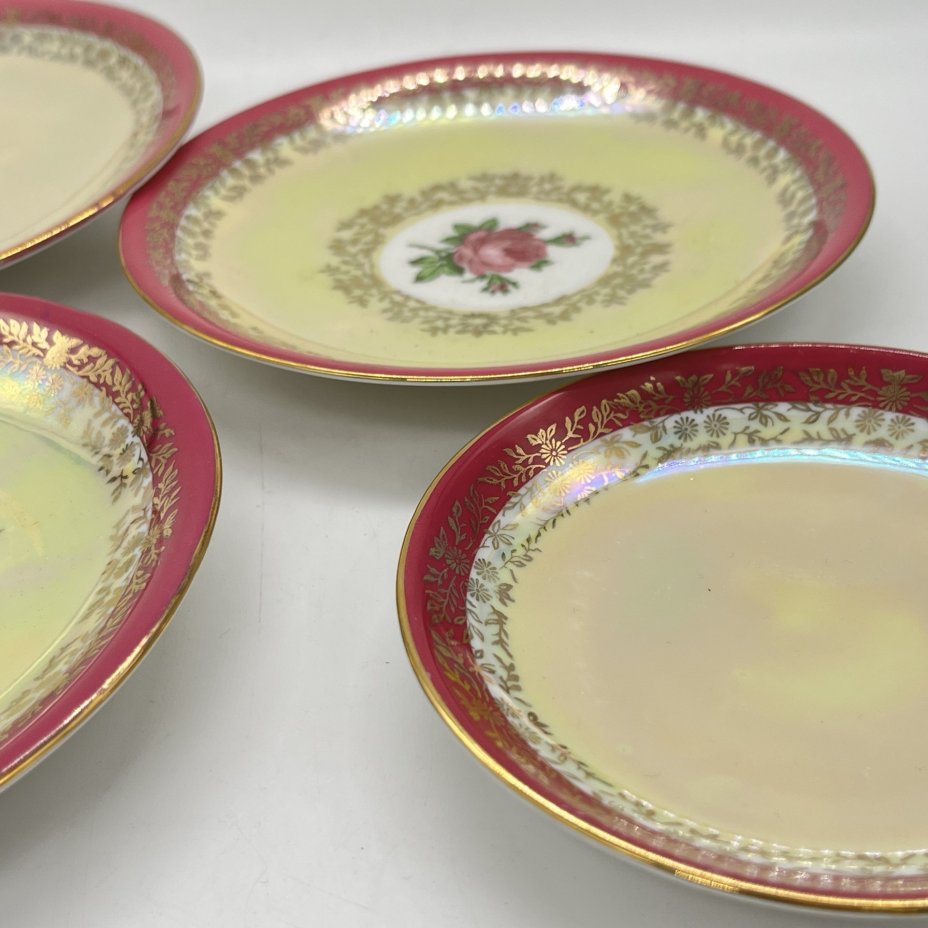 Набор из 4 блюдец с растительным декором (подбор), фарфор, деколь, люстр, золочение, Fortuna Eisenberg, ГДР, 1960-1973 гг.