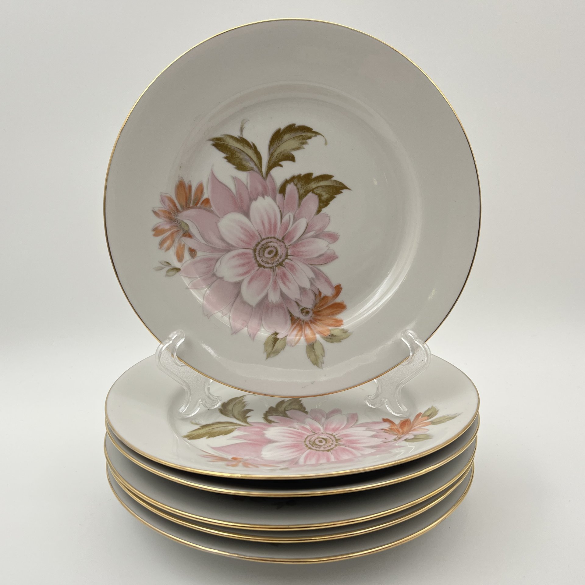 Набор десертных тарелок "Астры" на 6 персон, фарфор, деколь, золочение, Дулевский фарфоровый завод (Дулёво), СССР, 1968-1991 гг.