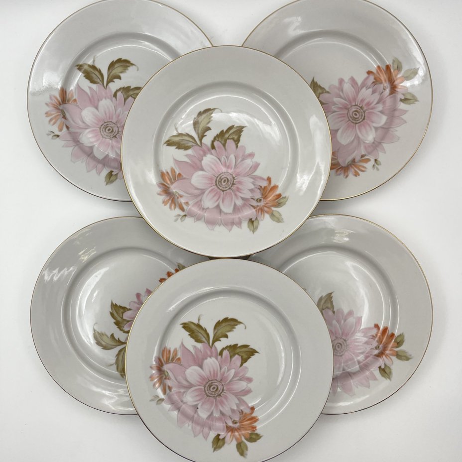 Набор десертных тарелок "Астры" на 6 персон, фарфор, деколь, золочение, Дулевский фарфоровый завод (Дулёво), СССР, 1968-1991 гг.