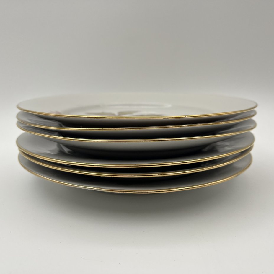 Набор десертных тарелок "Астры" на 6 персон, фарфор, деколь, золочение, Дулевский фарфоровый завод (Дулёво), СССР, 1968-1991 гг.