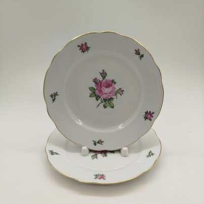 Набор из двух десертных(пирожковых) тарелок с цветочным декором, фарфор, деколь, золочение, Colditz (Кольдиц), ГДР, 1960-1980 гг.