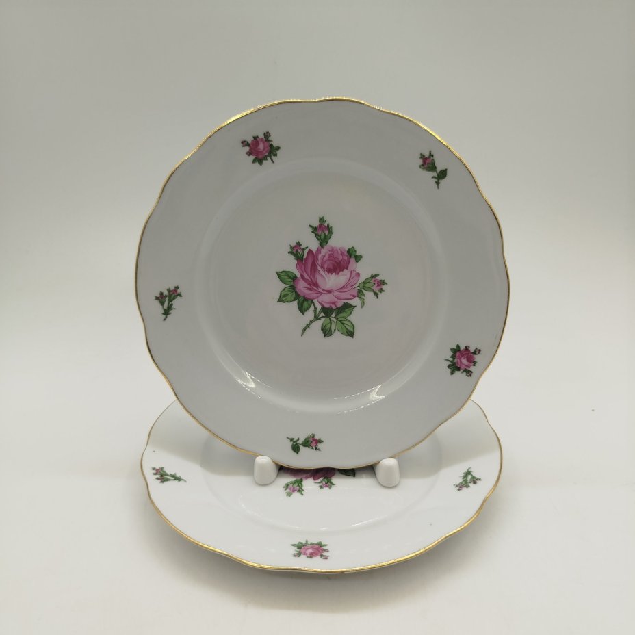 Набор из двух десертных(пирожковых) тарелок с цветочным декором, фарфор, деколь, золочение, Colditz (Кольдиц), ГДР, 1960-1980 гг.