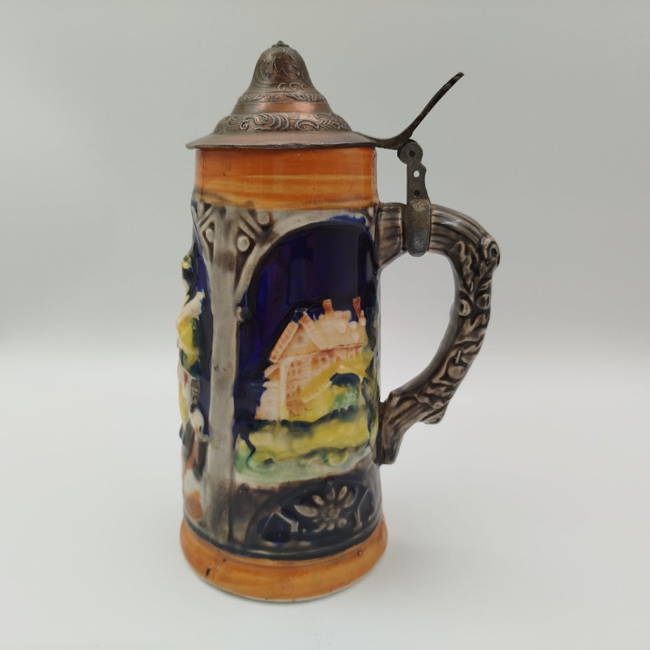 Кружка пивная с крышкой, керамика, олово, крышка - сплав металлов, Германия, 1960-1990 гг.