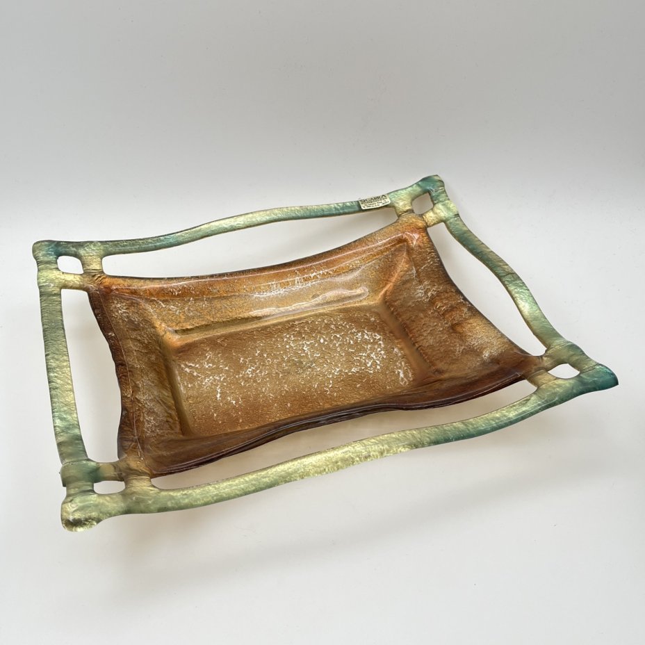 Фруктовница (бонбоньерка) бронзового оттенка с золотисто-зеленым кантом, "I Vetri di Nennella", стекло, золочение, Италия, 1970-1990 гг.