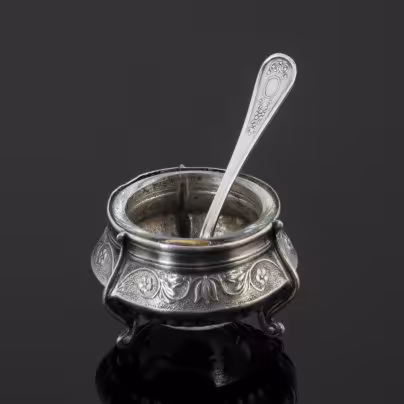 Солонка с миниатюрной ложкой, Мстерская художественная фабрика  «Ювелир»