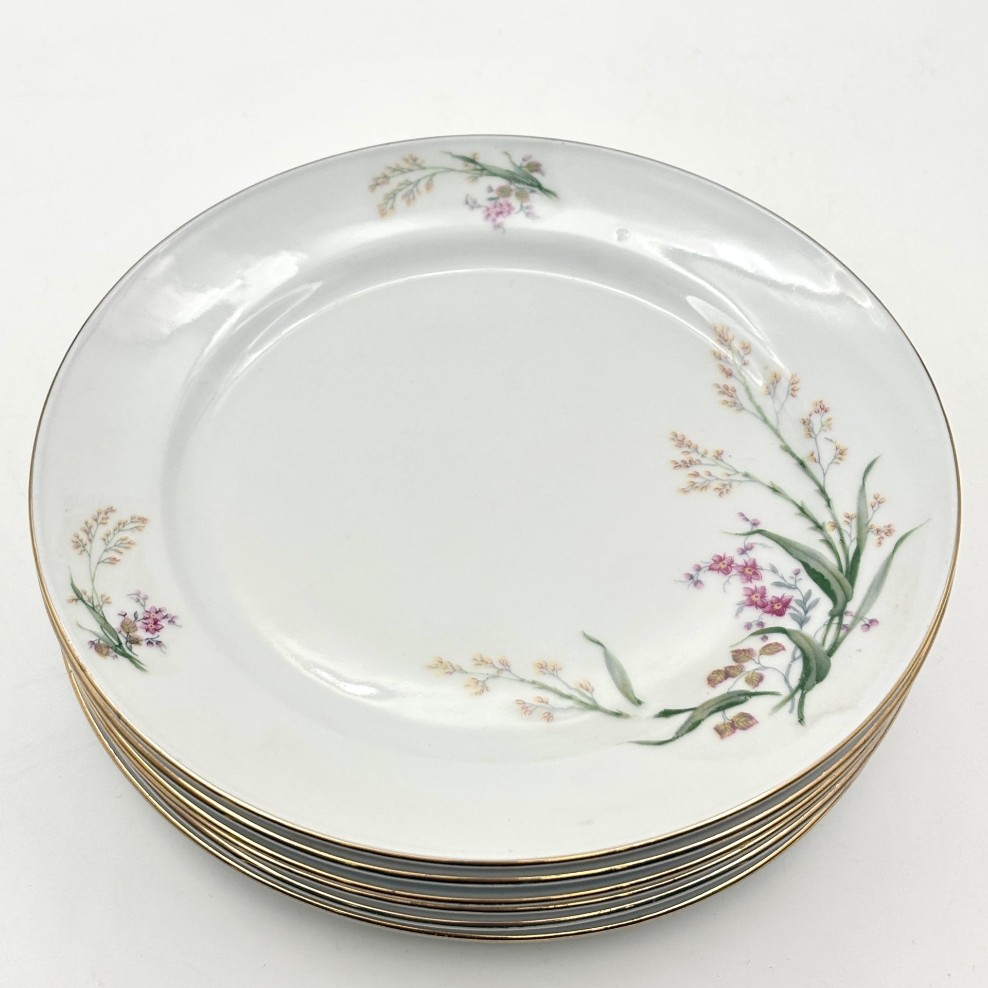 Набор десертных тарелок с цветочным декором на 6 персон, фарфор, деколь, золочение, Bareuther & Co., Bavaria, Германия, 1931-1945 гг.