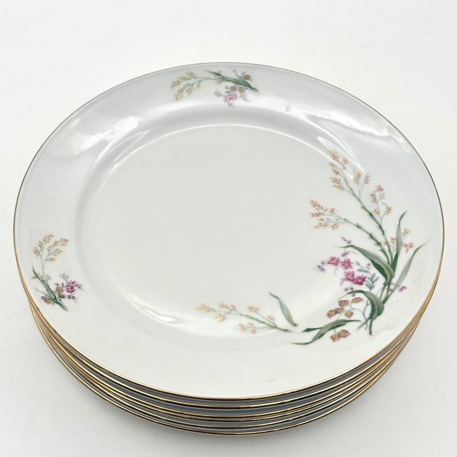 Набор десертных тарелок с цветочным декором на 6 персон, фарфор, деколь, золочение, Bareuther & Co., Bavaria, Германия, 1931-1945 гг.