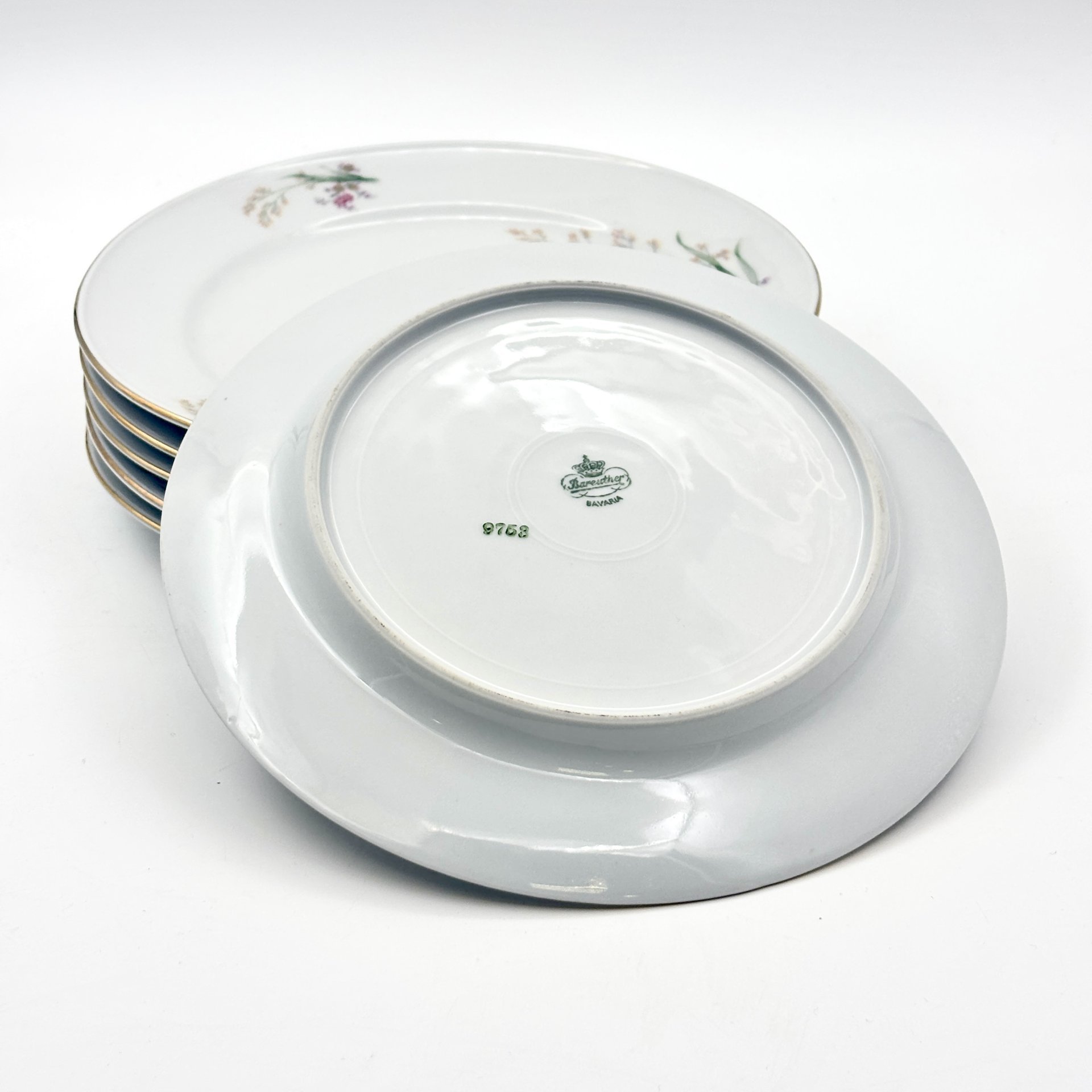 Набор десертных тарелок с цветочным декором на 6 персон, фарфор, деколь, золочение, Bareuther & Co., Bavaria, Германия, 1931-1945 гг.