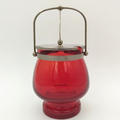 Сахарница с откидывающейся крышкой, цветное стекло, сплав металла, СССР, 1950-1970 гг.