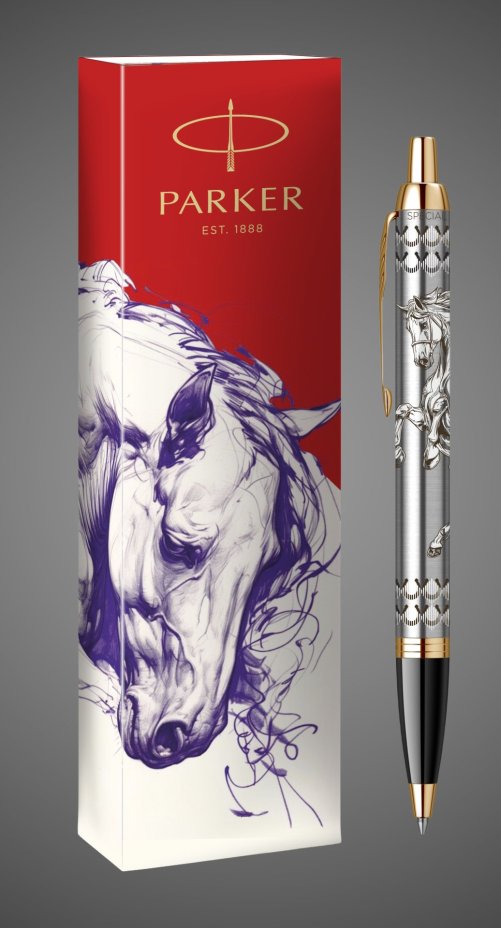 Шариковая ручка Parker IM Horse Special Edition, цвет: St. Steel GT, стержень: Mblue в подарочной коробке, Металлы: нержавеющая сталь