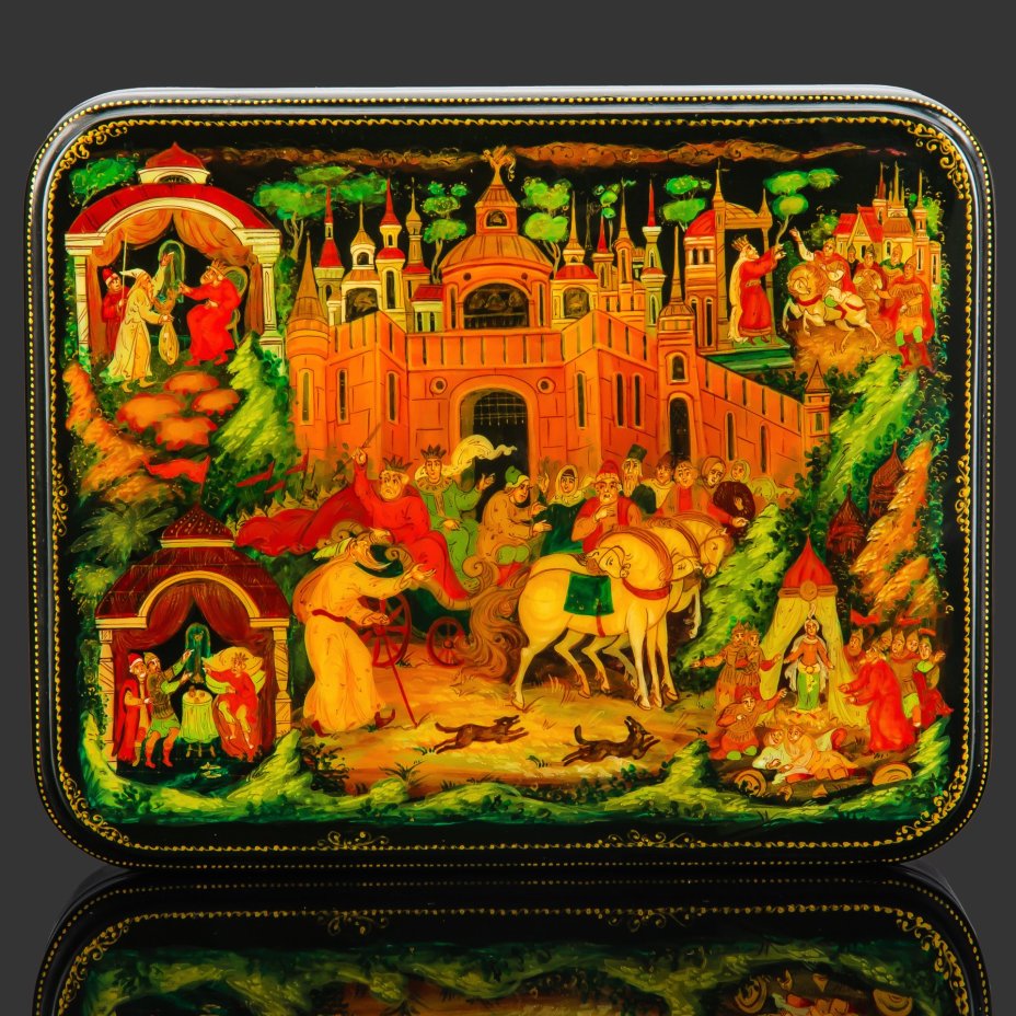 Шкатулка с лаковой миниатюрой "Сказка о золотом петушке", автор Л. Бронницкая, Палех, папье-маше, темпера, лаки, Россия, 2000-2015 гг.