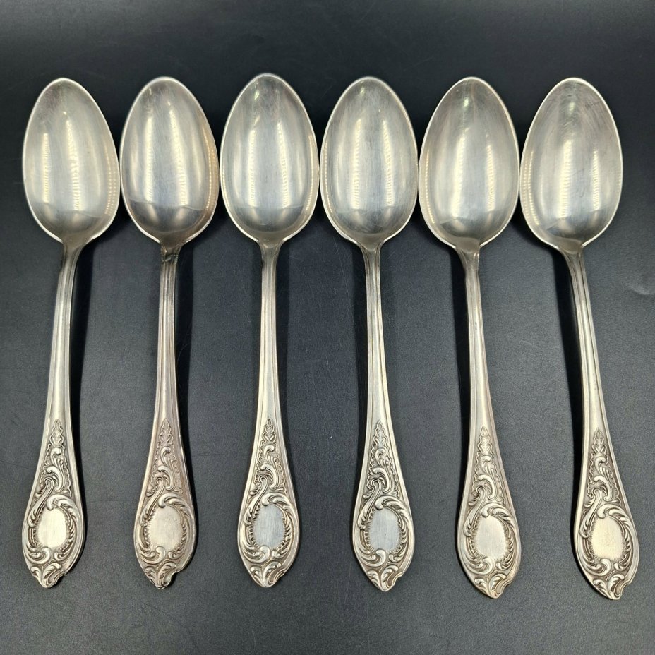 Набор из шести обеденных ложек с растительным декором, мНЦ (медь-никель-цинк), Киевский завод столовых приборов и посуды им. Дзержинского (ЗiД, ЗиД), СССР, 1970-1990 гг.