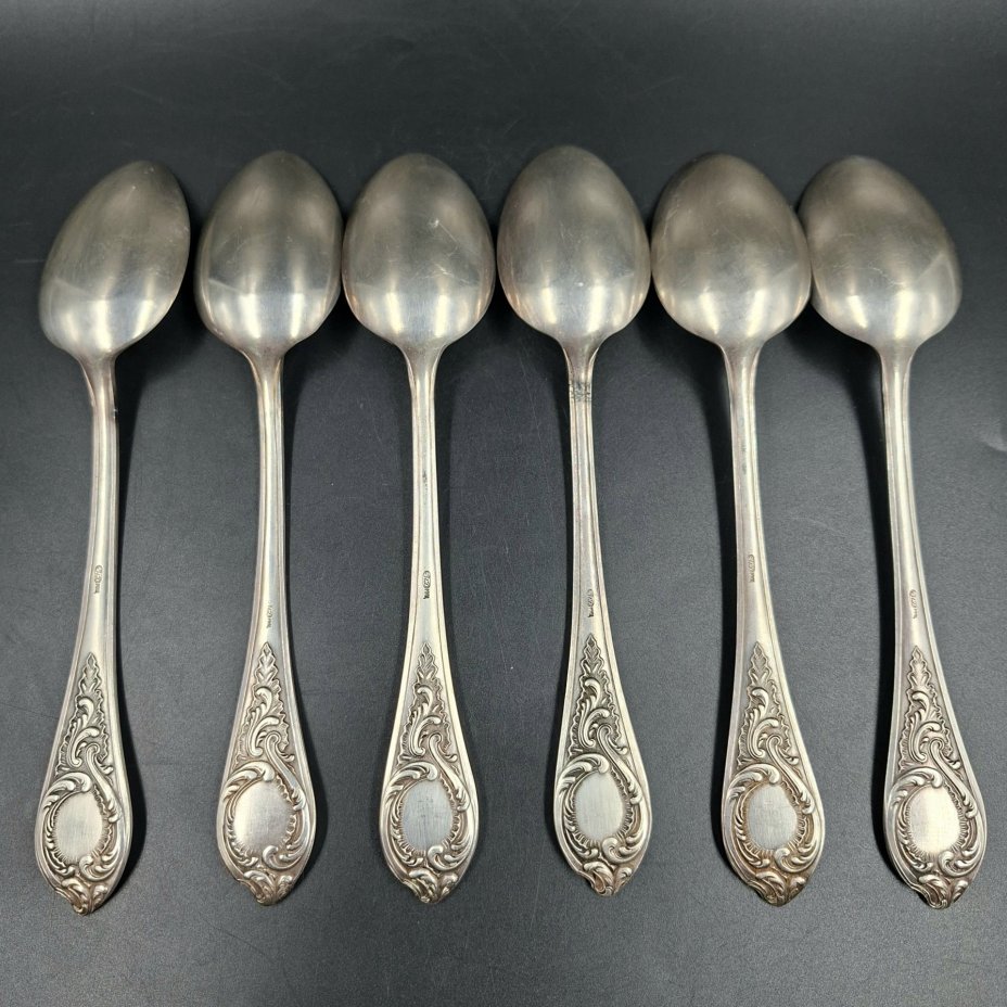 Набор из шести обеденных ложек с растительным декором, мНЦ (медь-никель-цинк), Киевский завод столовых приборов и посуды им. Дзержинского (ЗiД, ЗиД), СССР, 1970-1990 гг.