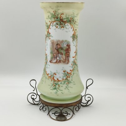 Ваза в металлической оплетке с изображением играющих детей, стекло, деколь, роспись, сплав металлов, Европа, 1950-1970 гг.