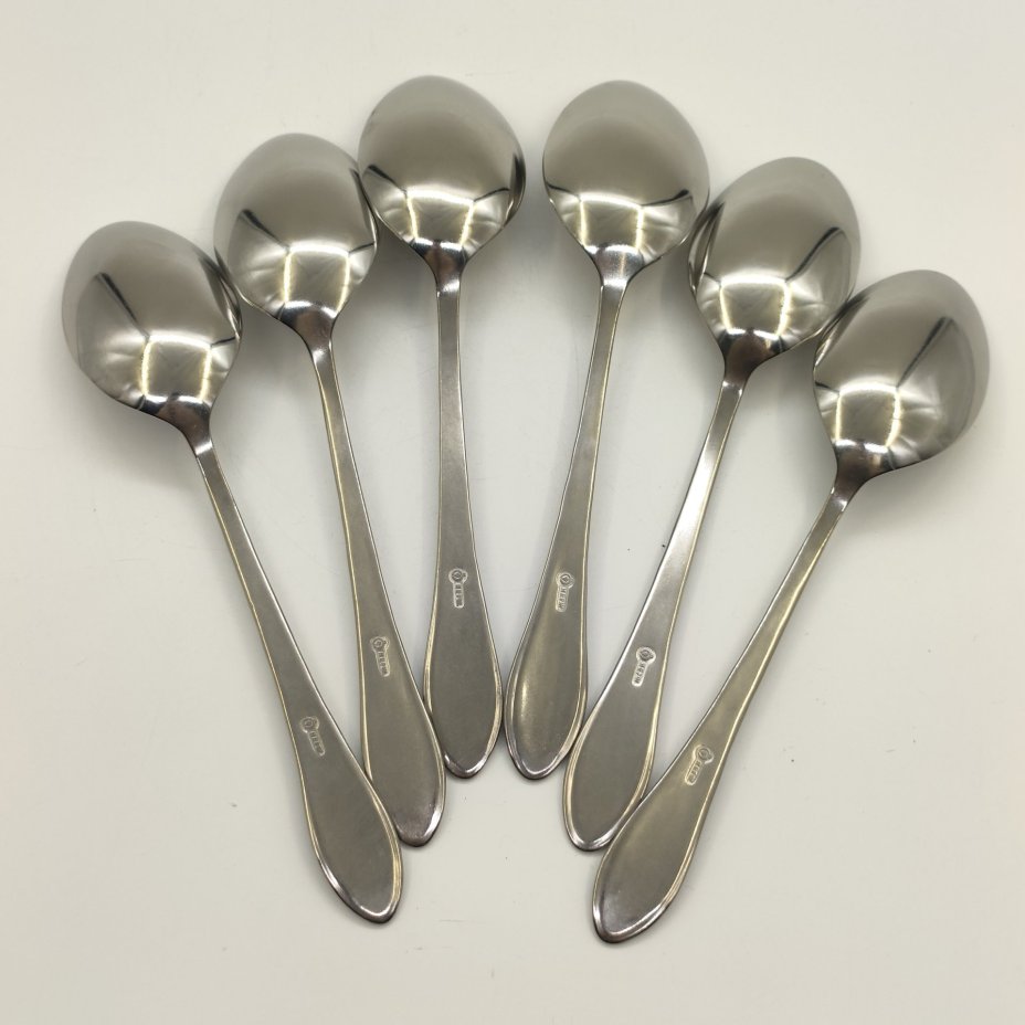 Набор из 6-ти столовых ложек, украшенных растительным декором, нержавеющая сталь, Павловский завод художественных металлоизделий им. С.М. Кирова