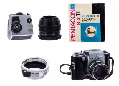Фотоаппарат "Pentacon six TL" с объективом "Carl Zeiss Biometar 2.8/80" и набором аксессуаров, металл, фирма "VEB Pentacon Dresden", ГДР, 1966-1990 гг, Pentacon