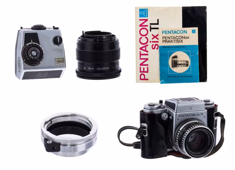 Фотоаппарат "Pentacon six TL" с объективом "Carl Zeiss Biometar 2.8/80" и набором аксессуаров, металл, фирма "VEB Pentacon Dresden", ГДР, 1966-1990 гг, Pentacon