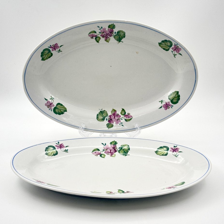Набор из 2-х сервировочный блюд овальной формы с цветочным декором, фарфор, деколь, Дулевский фарфоровый завод (Дулёво), СССР, 1958 г.