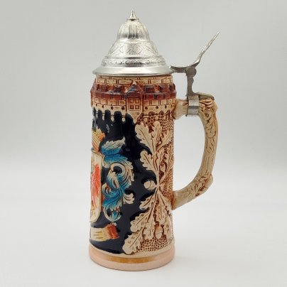 Кружка пивная с крышкой "Tirol", керамика, олово, роспись, серебрение, Original King, Германия, 1960-1989 гг., Original King