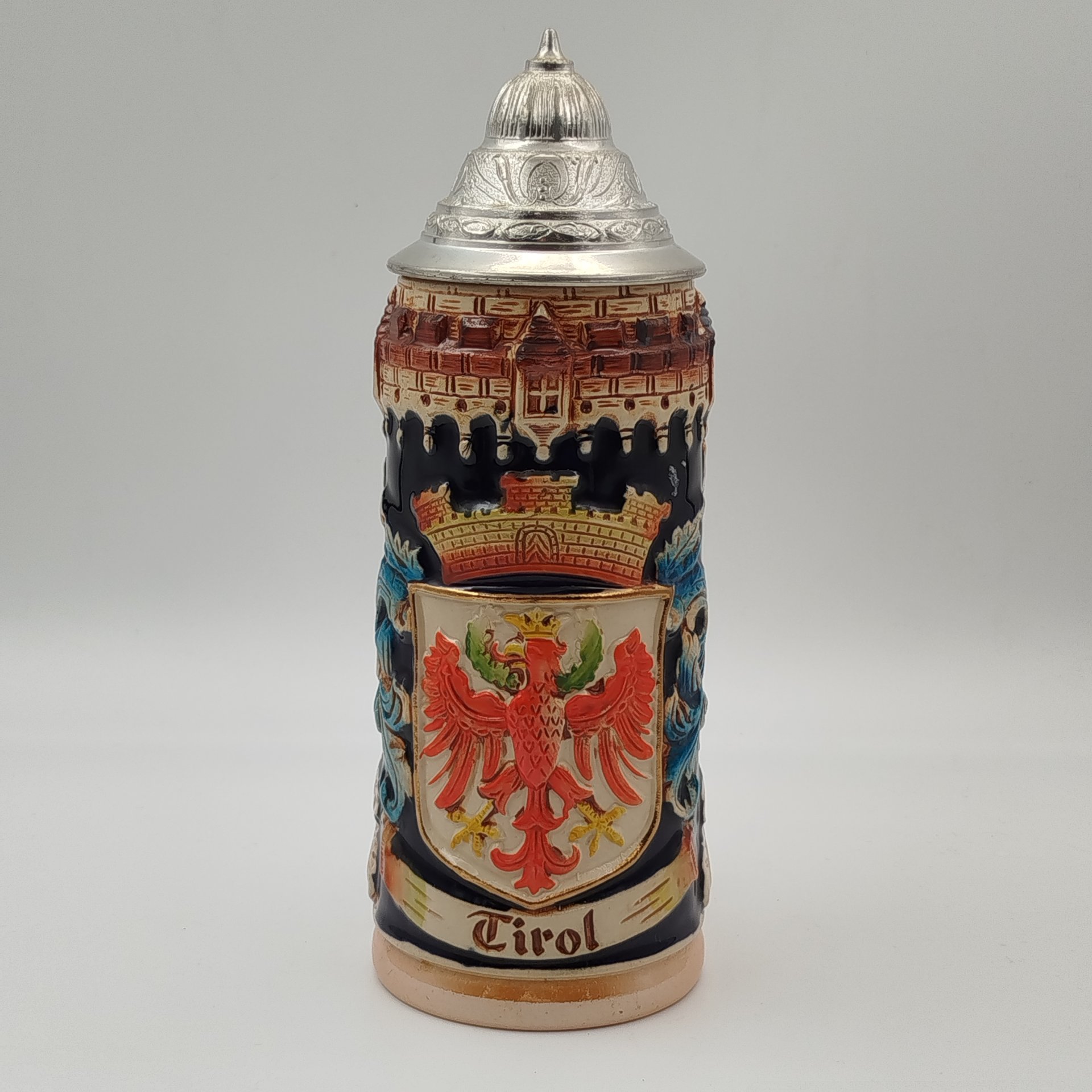 Кружка пивная с крышкой "Tirol", керамика, олово, роспись, серебрение, Original King, Германия, 1960-1989 гг., Original King