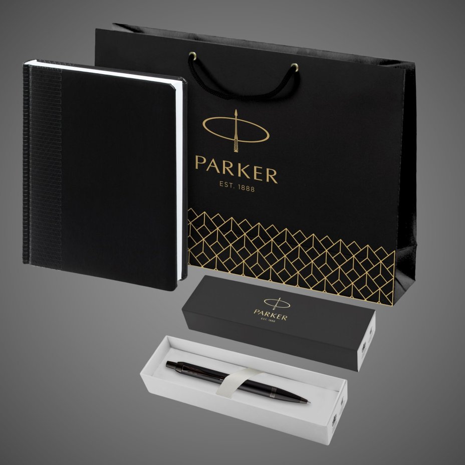 Подарочный набор Parker: черный ежедневник и черная шариковая ручка Parker IM Black Edition, цвет чернил синий, Лаки и смолы: лак, латунь
