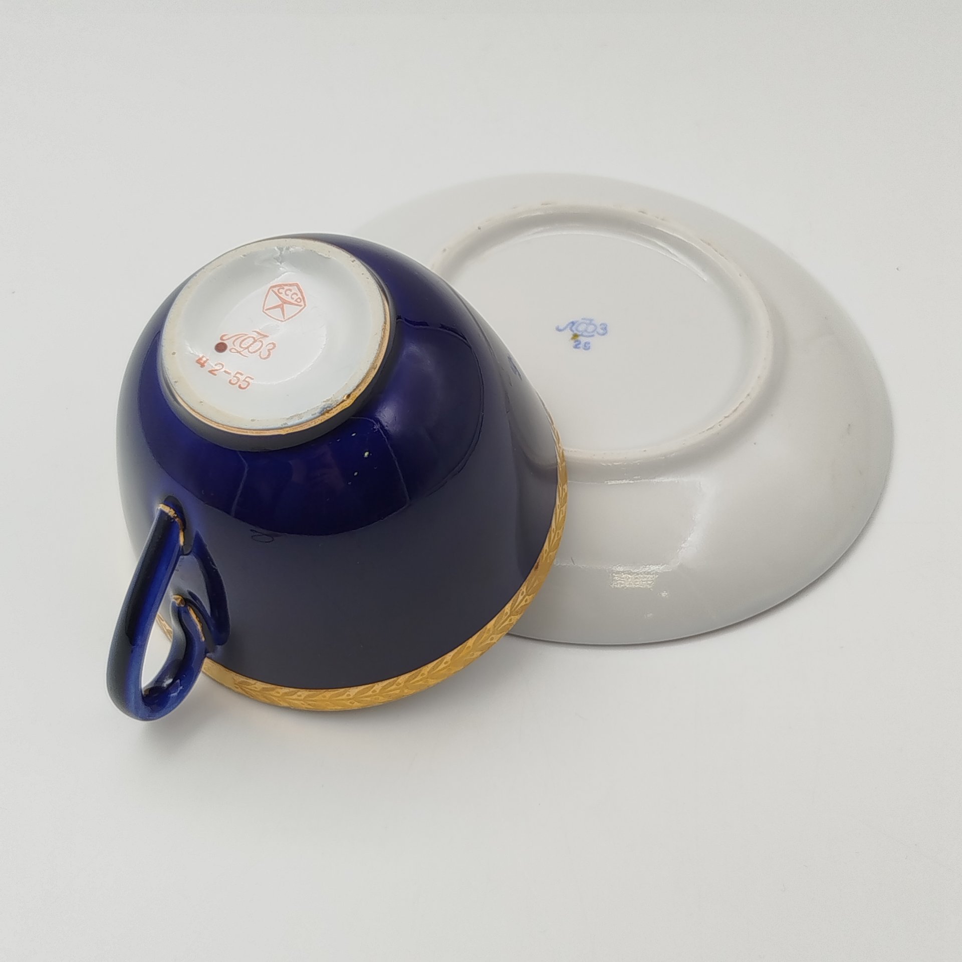 Пара чайная "Колос", фарфор, кобальт, золочение, Ленинградский фарфоровый завод (ЛФЗ), СССР, 1957-1970 гг.