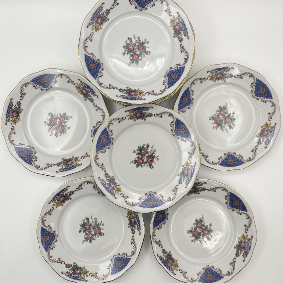 Набор из 11-ти десертных тарелок с цветочным декором, фарфор, деколь, золочение, Bohemia (Neurohlau), Чехословакия, 1970-1990 гг.