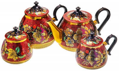 Чайно - кофейный сервиз с цветочной росписью, алюминий, эмаль, СССР, 1970-1990 гг.