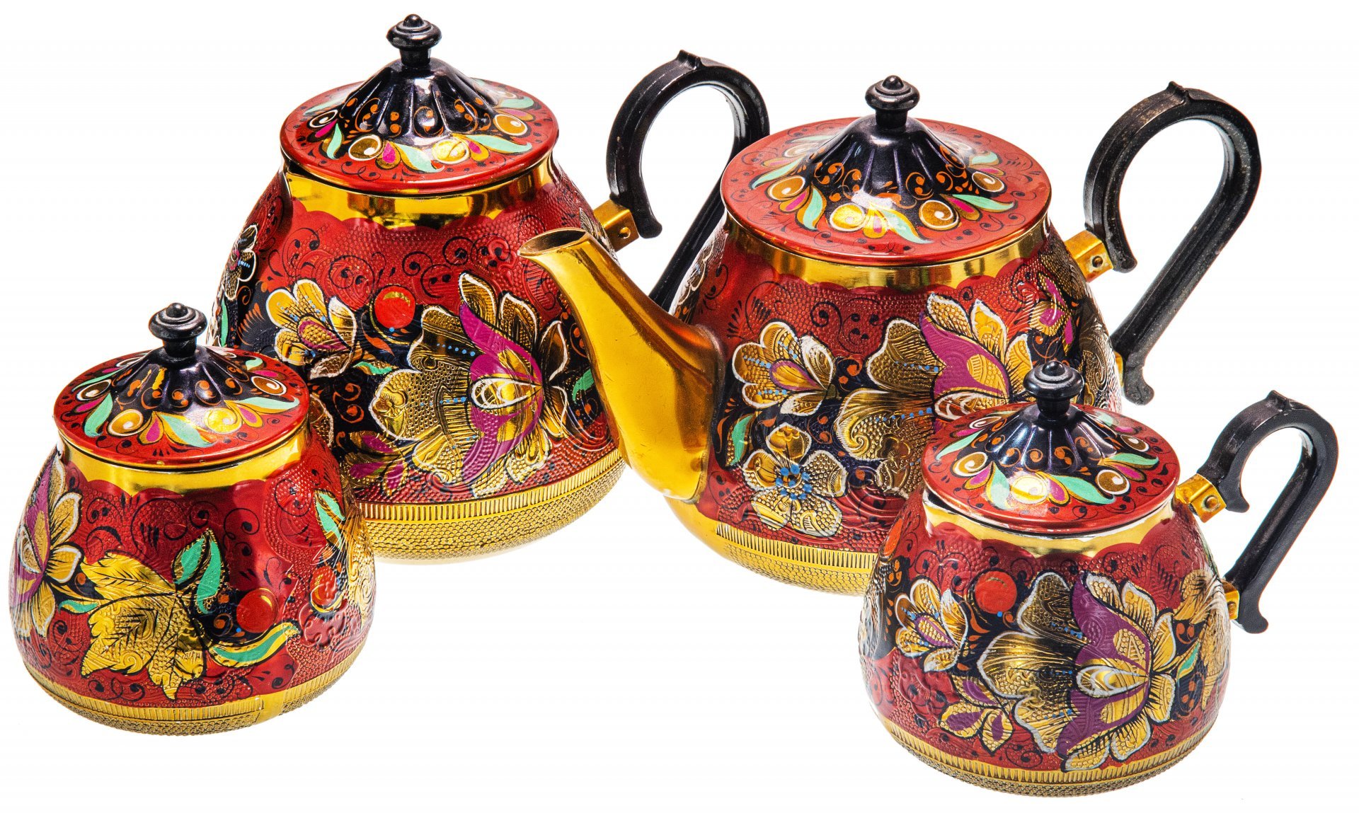 Чайно - кофейный сервиз с цветочной росписью, алюминий, эмаль, СССР, 1970-1990 гг.