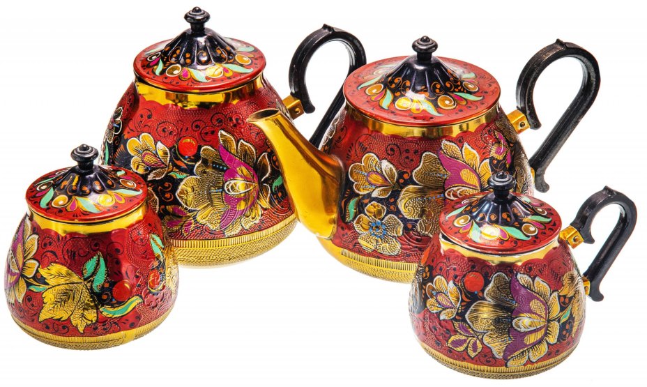 Чайно - кофейный сервиз с цветочной росписью, алюминий, эмаль, СССР, 1970-1990 гг.