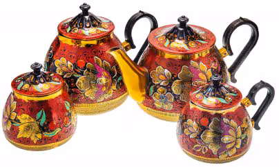 Чайно - кофейный сервиз с цветочной росписью, алюминий, эмаль, СССР, 1970-1990 гг.