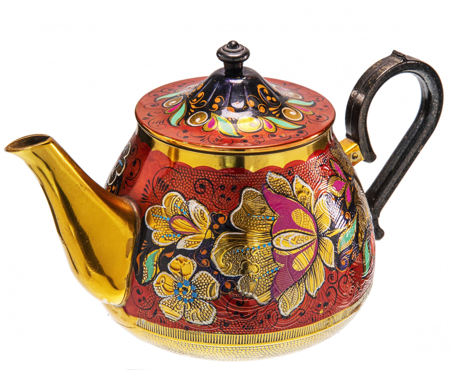 Чайно - кофейный сервиз с цветочной росписью, алюминий, эмаль, СССР, 1970-1990 гг.