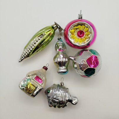 Набор из шести ёлочных игрушек, стекло, металл, роспись, СССР, 1960-1980 гг.