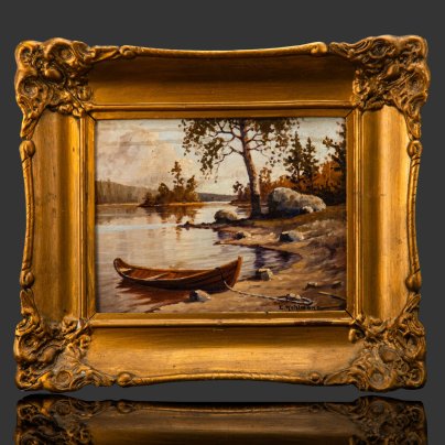 Картина "Пейзаж с лодкой", оформленная в раму, художник Эйнар Кольманн (Ejnar Kohlmann, 1888–1968 гг.)