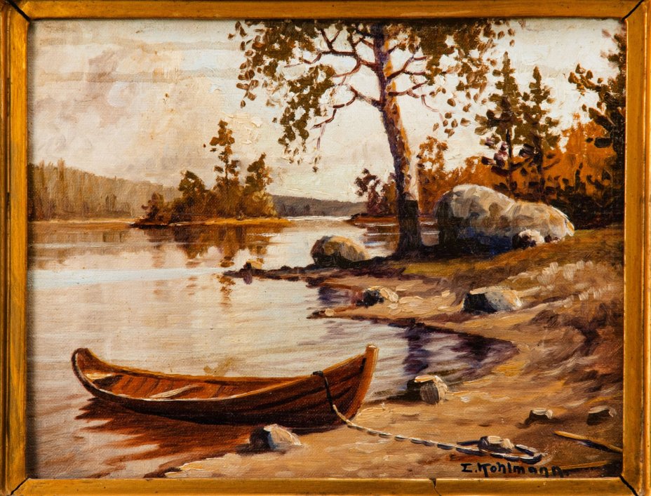 Картина "Пейзаж с лодкой", оформленная в раму, художник Эйнар Кольманн (Ejnar Kohlmann, 1888–1968 гг.)