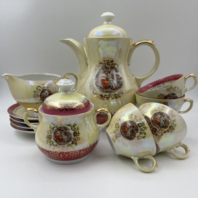 Сервиз чайно-кофейный на 4 персоны (11 предметов) "Мадонна", фарфор, деколь, люстр, золочение, Spezial Eisenberg Porzellan (SEP), ГДР, 1960-1980 гг.